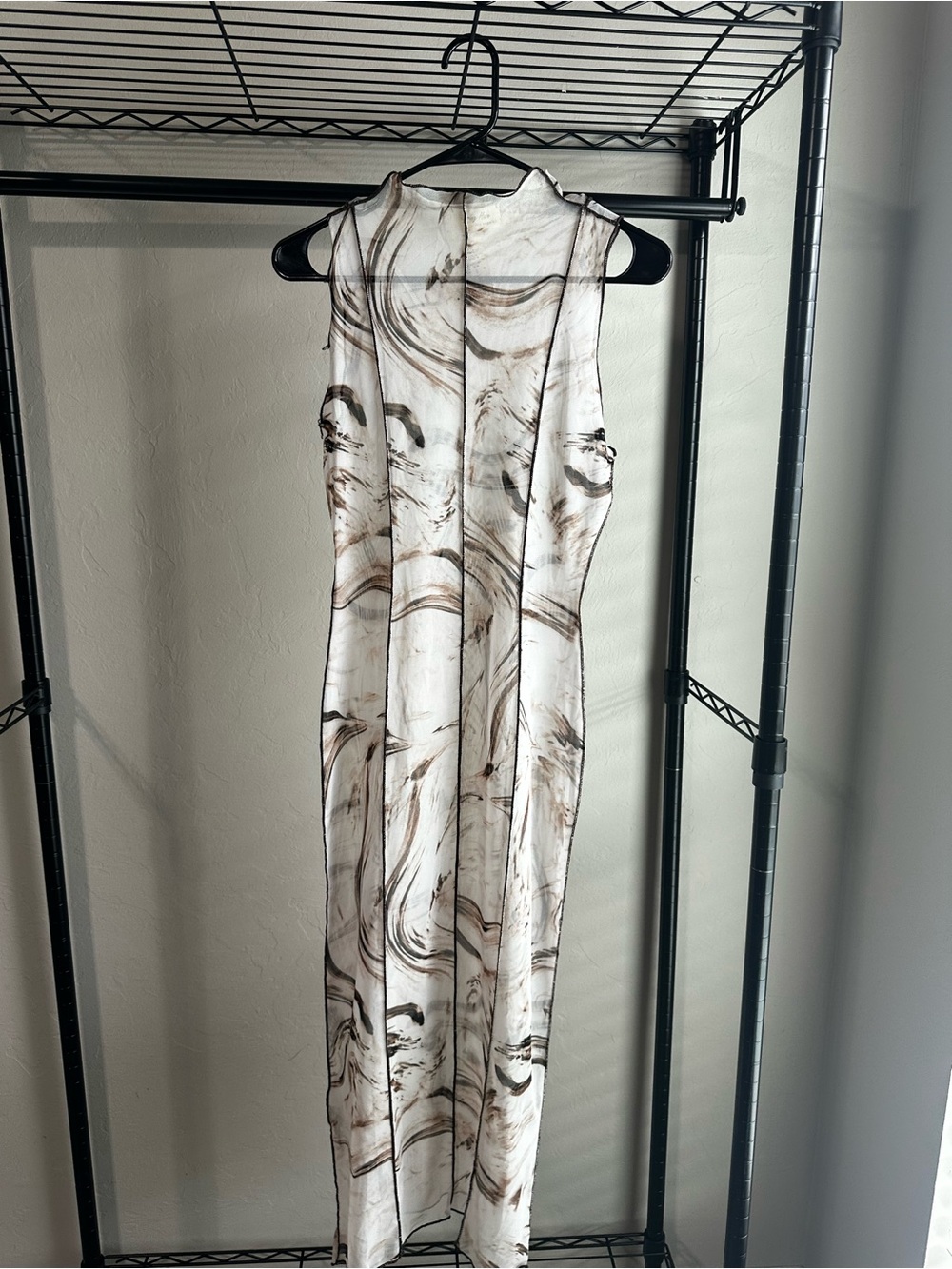 NWT Sleek Marble-Print Sheer Sleeveless Maxi Dress - Neutral Tones